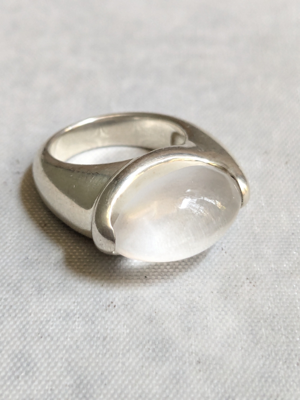 Sterling Silver Glass Cabochon Ring - Silver Clear Oval Size 7.25